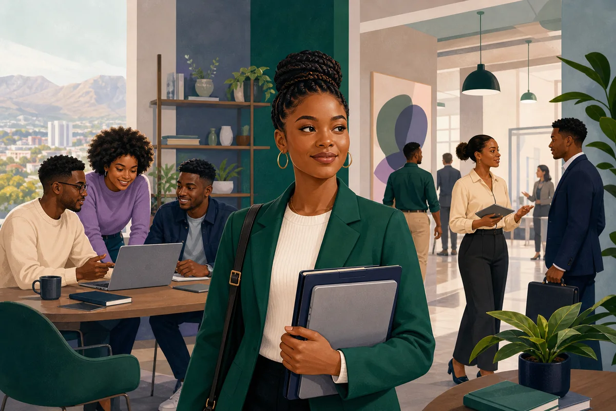 A recent South African graduate entering a professional workplace with confidence