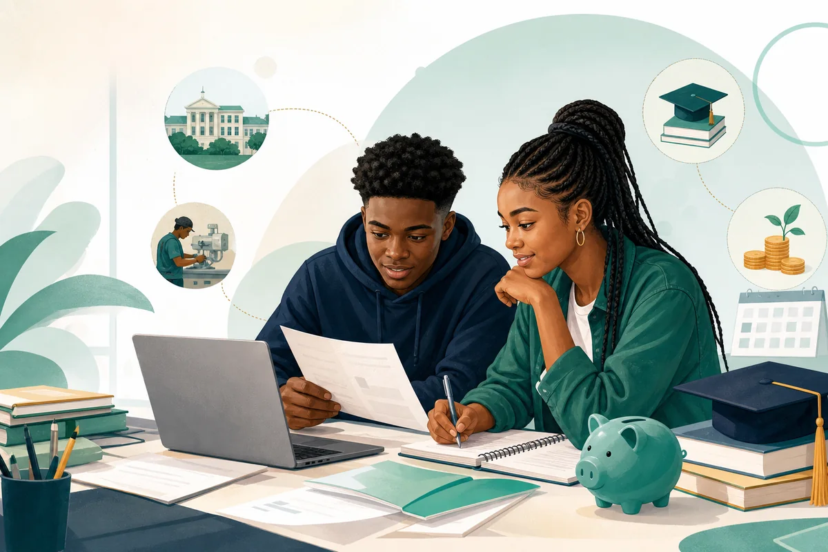 Two matric learners planning study applications, funding and important dates together